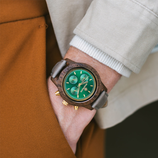 Drewniany zegarek WoodWatch Emerald Gold Grey